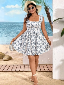 Floral plus size dress with square neck and ruffle sleeves for summer beach vacation