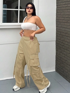 Damen Khaki High-Waist Cargo-Hose mit weitem Bein, großen Taschen und langen Bändern