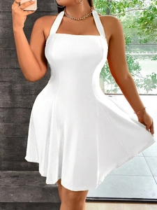 Sleeveless white halter neck mini dress with a slim fit and pleated A-line skirt style