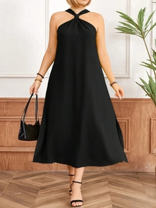 Elegant black halter neck maxi dress with pleat knot detail and sleeveless A-line silhouette