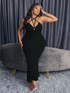 Plus Size Sexy Halter Backless Cut Out Star Cross Strap Bodycon Maxi Dress For Women Summer Party Evening Slim Fit Long Dress