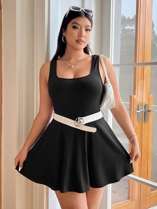 Elegant plus size black sleeveless skater dress with a contrasting white belt for women