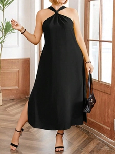 Elegant black halter maxi dress with slim fit design and side high slit for women
