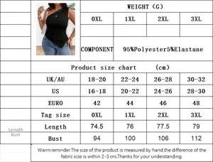 Tableau des tailles détaillé pour t-shirt grande taille à épaule dénudée avec mesures