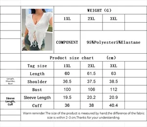 Size chart table for plus size white V-neck V-neck tee with detailed measurement data