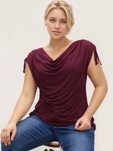 Women Plus Size Elegant Wine Red Cowl Neck Sleeveless Top Ruched Shoulder Detail Knit Viscose Casual T-Shirt Blouse