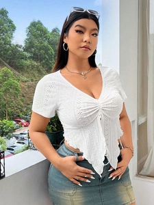 Elegant white V-neck eyelet lace t-shirt with drawstring front and asymmetric hem