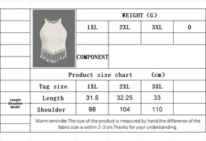 Detailed size chart for elegant white knit fringe crop top with measurements in centimeters