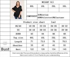Detailed size chart for women's plus size cold-shoulder top with measurements from 0XL to 3XL