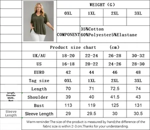 Size chart detail for women's V-neck T-shirt with measurements from 0XL to 3XL