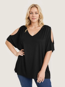 Women's Plus Size Cold Shoulder V Neck Short Sleeve T-Shirt Casual Loose Knitted Solid Color Summer Top Fashion Shirt