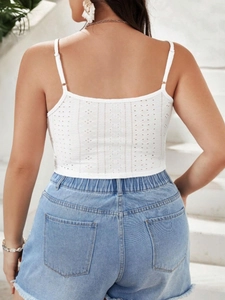 Elegant white lace embroidery camisole crop top and light blue denim shorts outfit