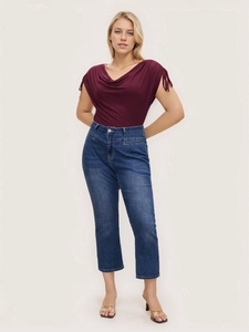 Elegant wine red cowl neck top and high waist slim denim jeans outfit for women