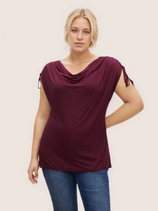 Elegant plus size wine red cowl neck short sleeve blouse with shoulder drawstring details