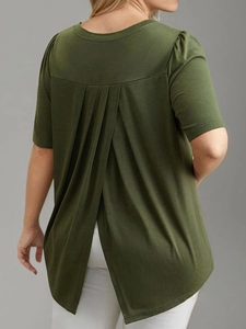Olive green V-neck T-shirt for women with unique pleated back design and curved split hemline