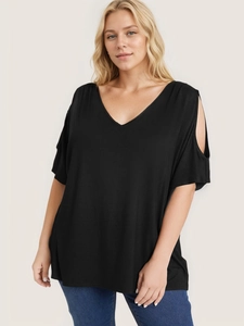 Elegant women's plus size black V-neck t-shirt with stylish cold-shoulder cutouts