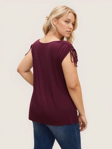 Elegant plus size burgundy pleated t-shirt for women with drawstring shoulder detail