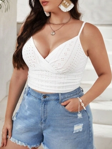 Elegant white plus size V-neck wrap crop top with hollow embroidery lace details