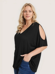 Elegant plus size black V-neck short sleeve top with shoulder cut-out for women