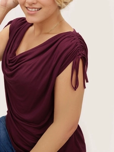 Elegant burgundy sleeveless cowl neck top with drawstring shoulder details for women