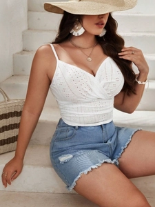 White eyelet lace V-neck camisole top with drawstring waist and slim fit summer design