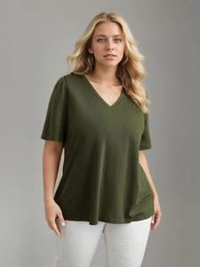 Olive green V-neck short sleeve T-shirt for women in a comfortable plus size relaxed fit