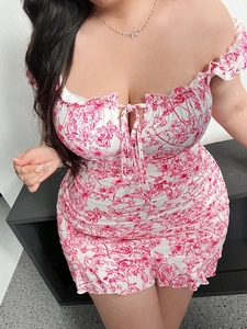 Robe Moulante Courte Sexy Grande Taille pour Femme Imprimé Floral Épaules Dénudées Froncé Laçage sur le Devant Volants
