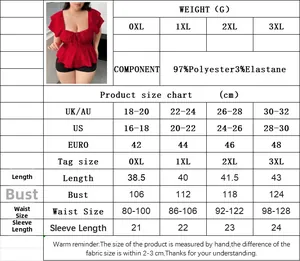 Guide des tailles pour haut rouge grande taille avec mesures détaillées et tissu spécifié