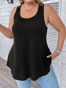 Plus size sleeveless black tank top with thin straps and round neck in casual A-line style
