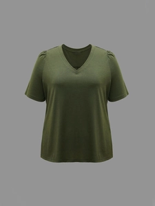 Deep olive green V-neck T-shirt with puff sleeves and loose fit in knit fabric