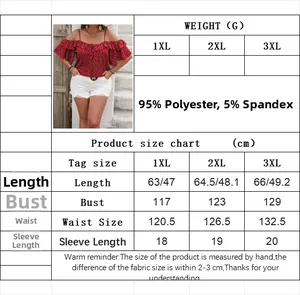 Size chart for plus size red polka dot top and white denim shorts set with measurements