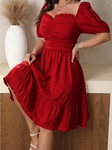 Elegant plus size deep red summer dress with V-neck, puff sleeves and tiered ruffle hem