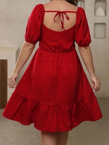 Elegant red plus size dress with puff sleeves and backless bow tie design