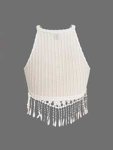 Elegant white halter neck knit top with bohemian tassel fringe and hollow-out detailing