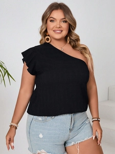 Top nero taglie forti monospalla con dettagli a balze e scollatura asimmetrica donna