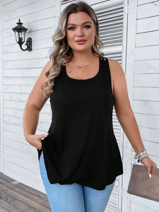 Loose fit black sleeveless tank top with double spaghetti straps and round neckline for women