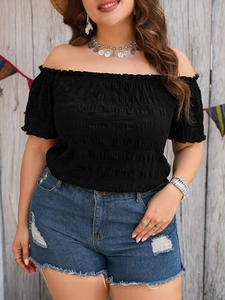Plus Size Women Sexy Off The Shoulder Smocked T-Shirt Summer Short Sleeve Ruffle Lettuce Trim Slim Fit Stretchy Crop Top