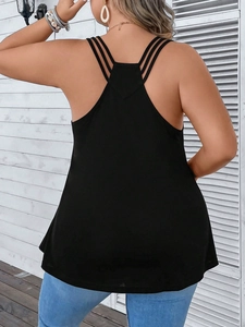 Detail of plus size black tank top featuring multi-strap racerback design and loose fit