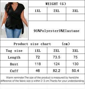 Detailed size chart for women V-neck short sleeve tee with material specs