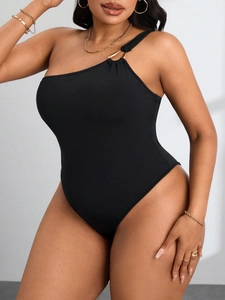 Combinaison sexy noire à une épaule avec anneau en métal doré et coupe amincissante