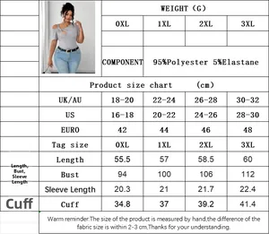 Detailed size chart for women plus size twist knot t-shirt including US and EU measurements