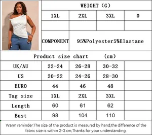 Detailed size chart for women's plus size one shoulder top showing 1XL to 3XL measurements