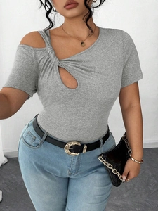 Plus Size Women T-Shirt Heather Gray Twist Knot Cut-out One-shoulder Short Sleeve Slim Fit Elegant Casual Summer Top