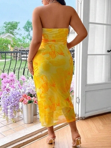Women's plus size yellow floral strapless maxi dress in sheer mesh for summer holidays
