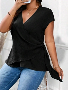 Women's black V-neck wrap top with short sleeves and textured fabric waist tie styling