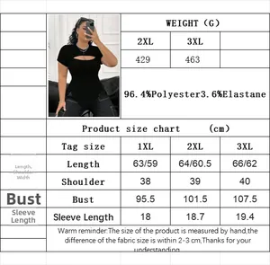 Size chart for women's plus size slim fit T-shirt with polyester material details