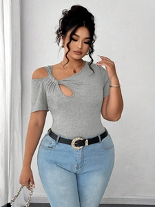 Grey one-shoulder twist bodysuit with cut-out detail and slim fit for women