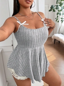 Plus Size Women Sexy Grey Ribbed Knit Camisole Top With Bow Straps Peplum Flare Hem Sleeveless Casual Summer Tank Top