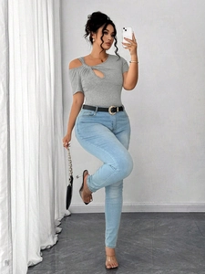 Women's grey slim fit T-shirt with irregular knot cut-out design and short sleeves