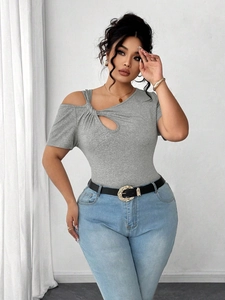 Grey off-shoulder cutout top with stylish twist detail and slim fit for women